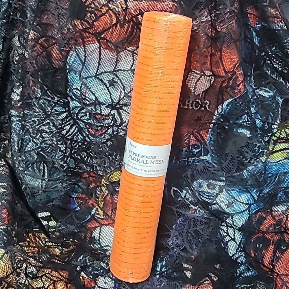 Floral Deco Mesh Roll - Orange with Orange Metallic Accents